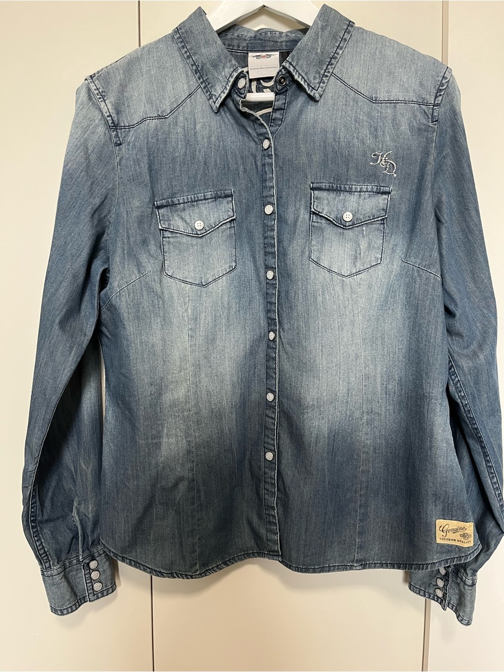 Women’s Vintage Harley Davidson Denim Button-Up Fitted Shirt Size Large